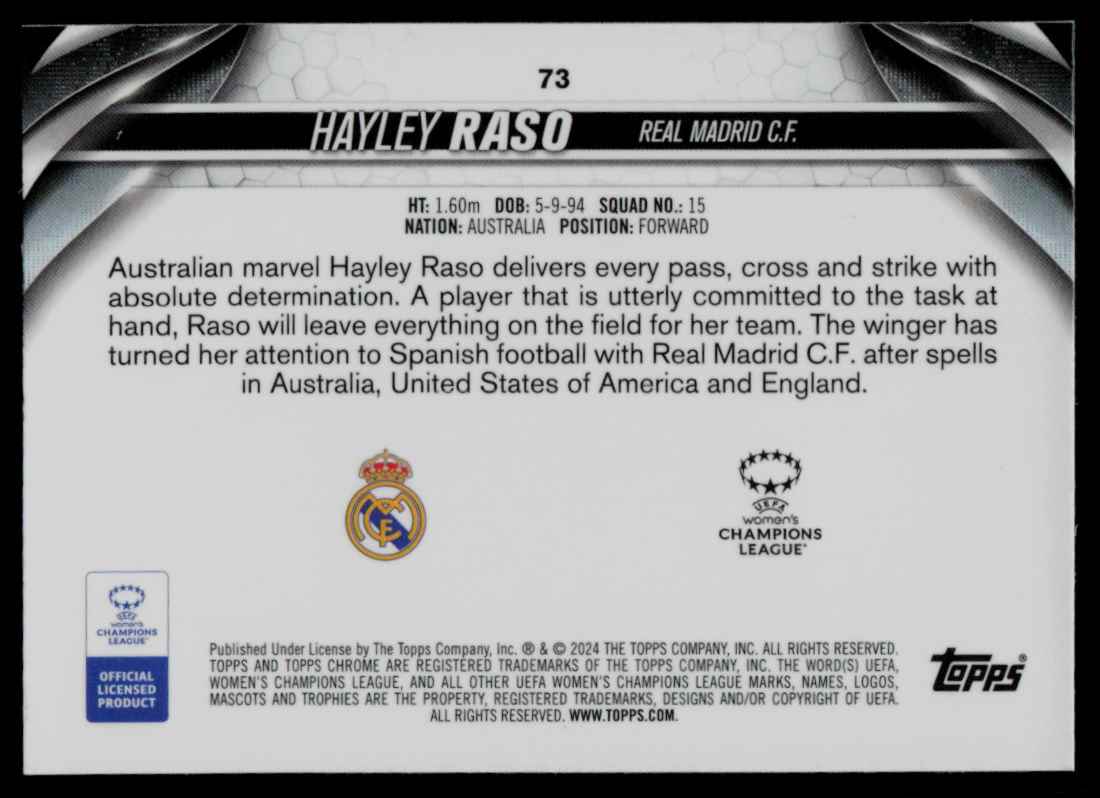 2023 Topps Chrome UEFA Womens Champions League Hayley Raso #73 card back image