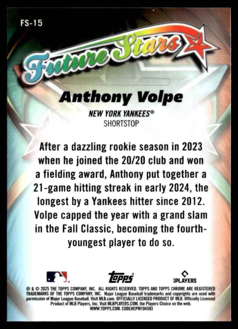 2025 Topps Chrome Future Stars Anthony Volpe #FS-15 card back image