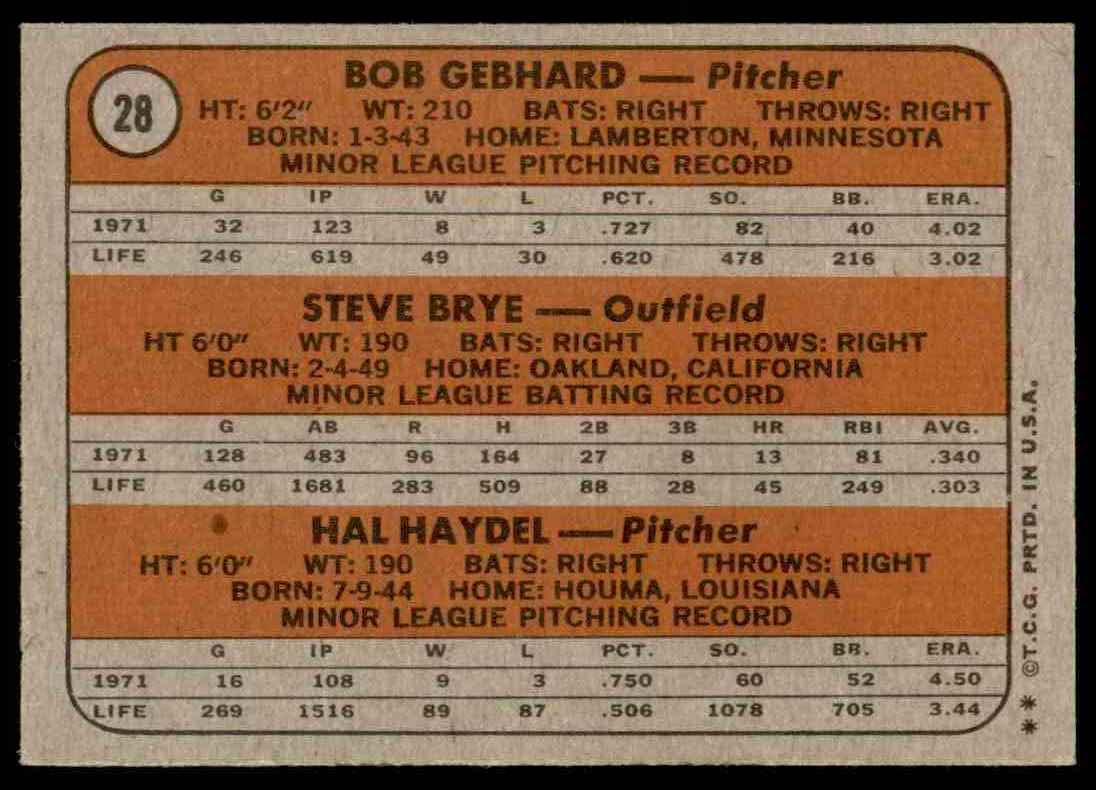 1972 Topps Bob Gebhard, Steve Brye , Hal Haydel #28 card back image