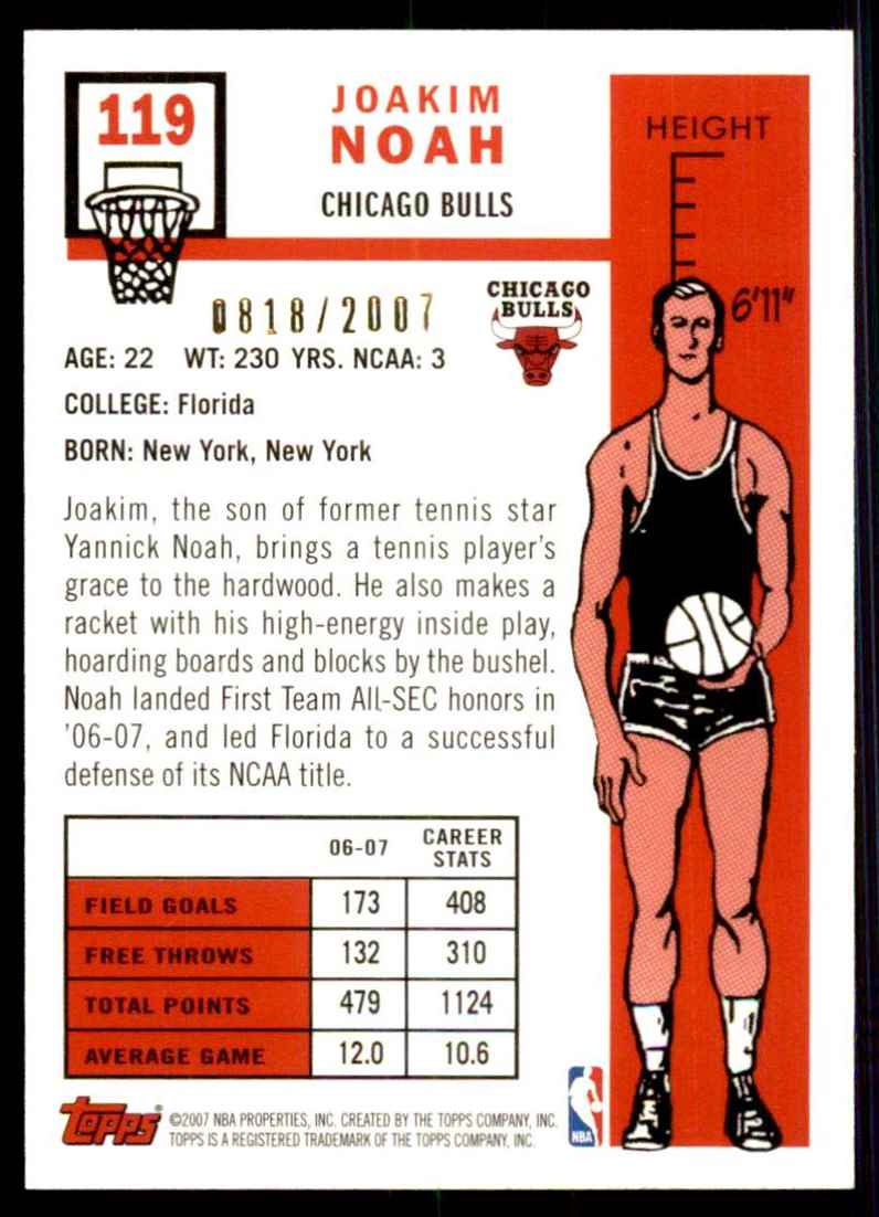 2007-08 Topps 1957-58 Variations Gold Joakim Noah #119 card back image
