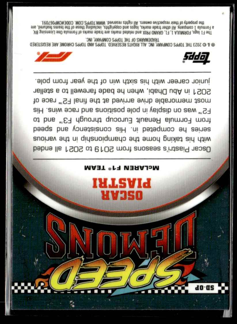 2023 Topps Chrome Formula 1 Speed Demons Oscar Piastri #SD-OP card back image