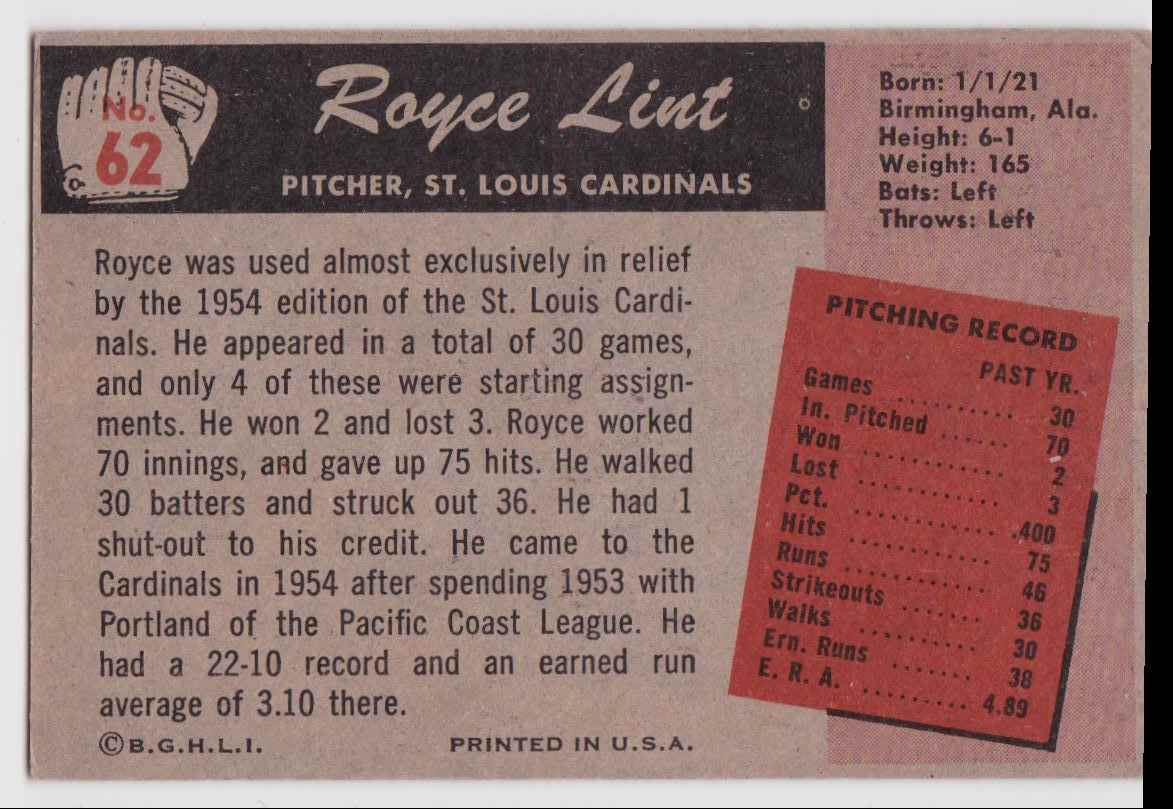 1955 Bowman Royce Lint #62 card back image