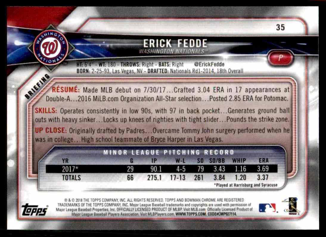 2018 Bowman Erick Fedde #35 card back image
