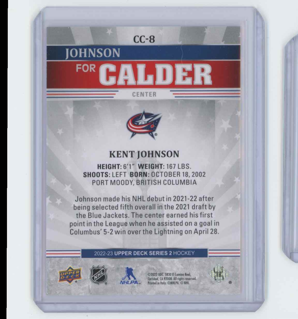 2022-23 Upper Deck Calder Candidates Kent Johnson #CC-8 card back image
