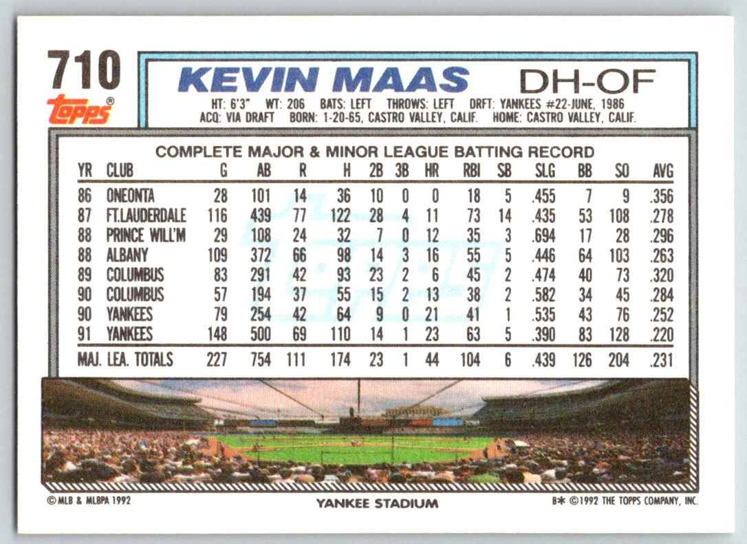 1992 Topps Kevin Maas #710 card back image