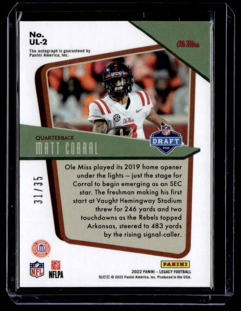2022 Panini Legacy Under the Lights Orange Matt Corral #UL-2 card back image