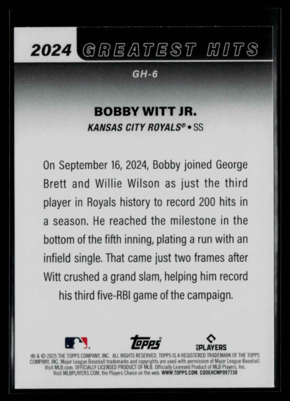 2025 Topps 2024's Greatest Hits Bobby Witt Jr. #GH-6 card back image