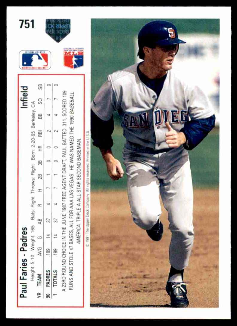 1991 Upper Deck Upper Deck Baseball Paul Faries #751 card back image