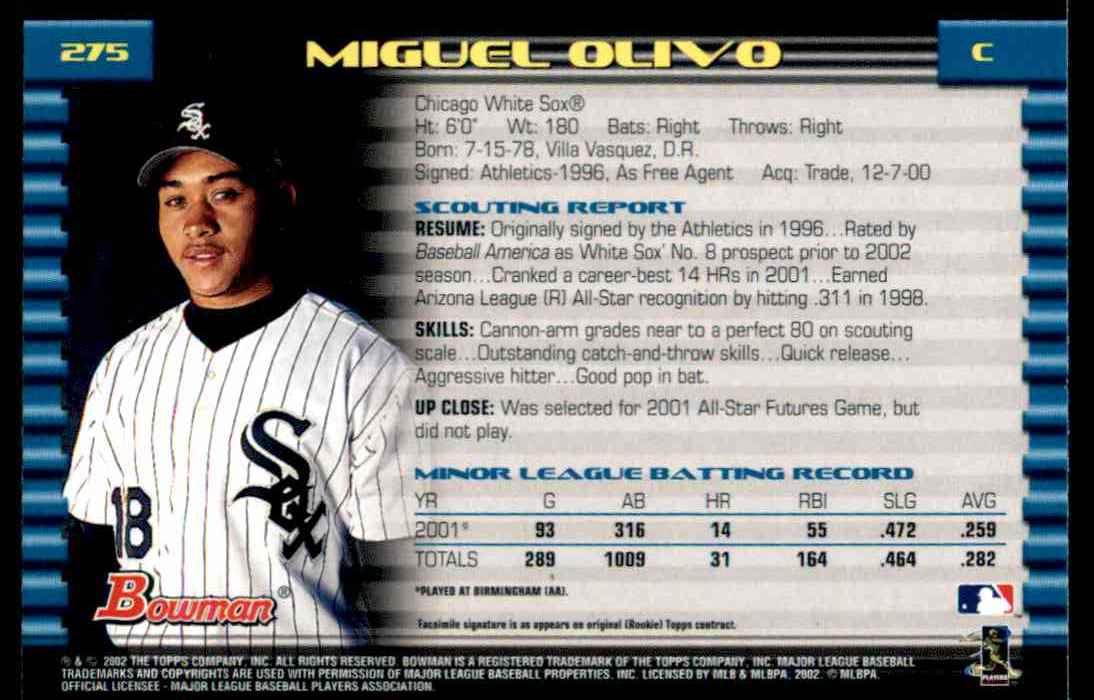 2002 Bowman Bowman Miguel Olivo #275 card back image