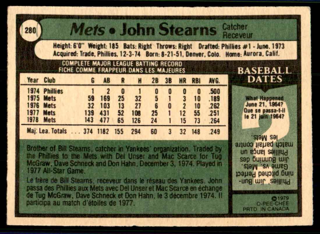 1979 O-Pee-Chee John Stearns #280 card back image