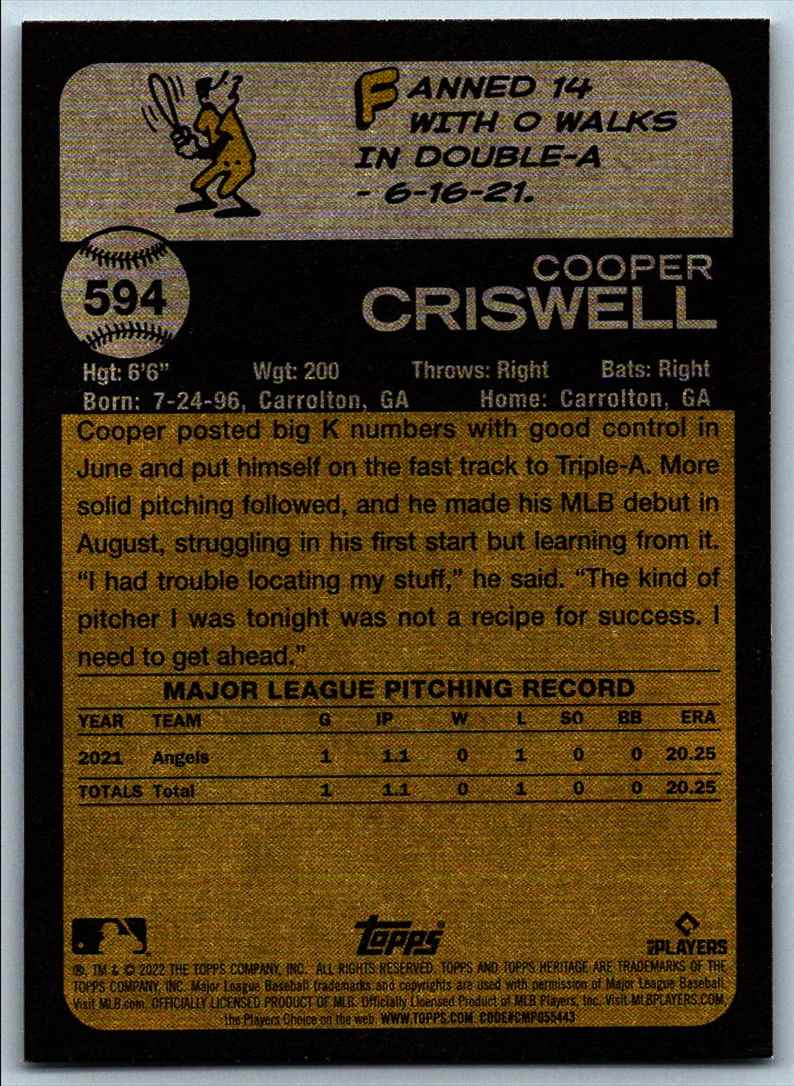 2022 Topps Heritage High Number Cooper Criswell #594 card back image