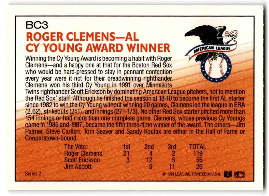 1992 Donruss ROGER CLEMENS #BC3 card back image