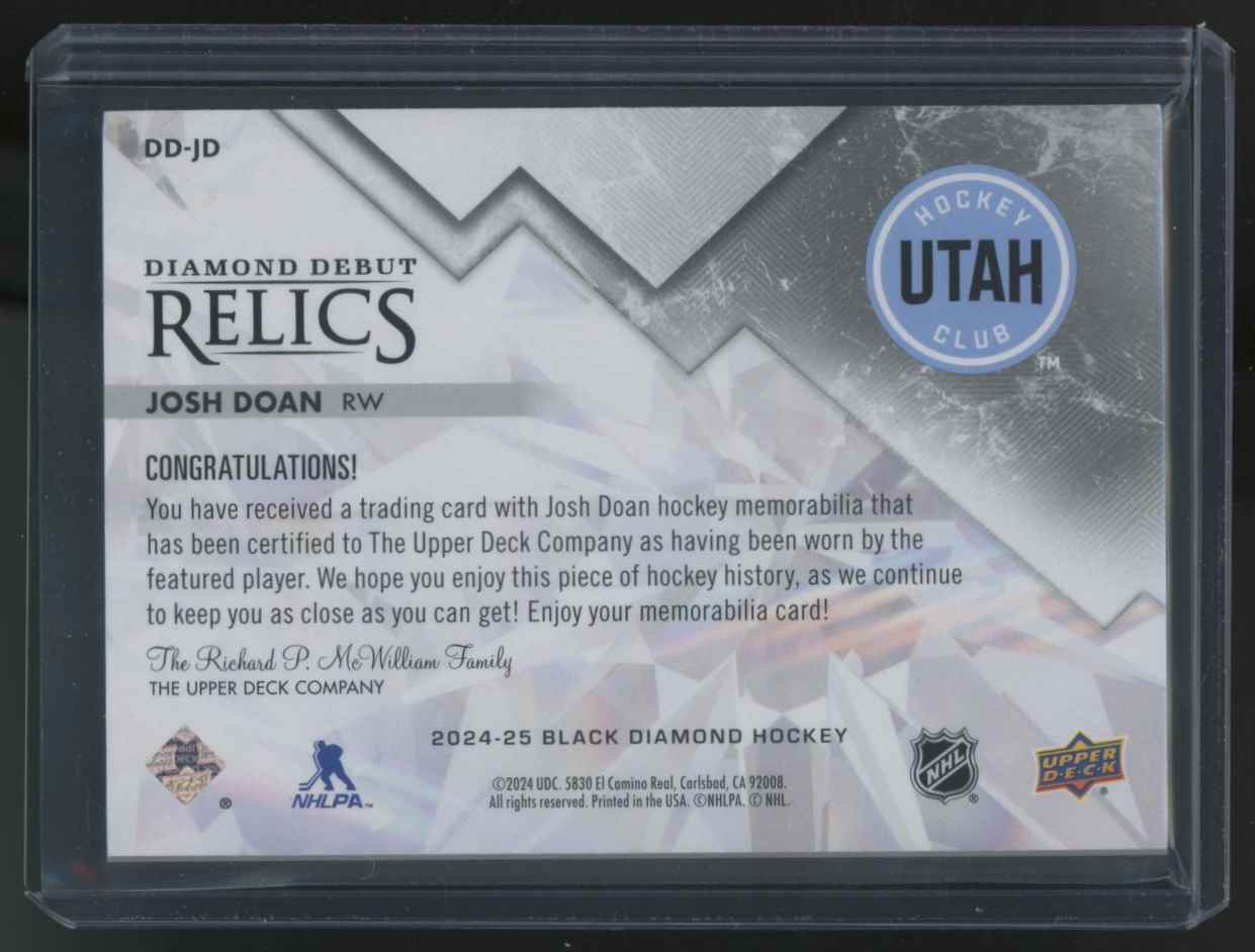 2024-25 Upper Deck Black Diamond Debut Relics Jersey Josh Doan #DD-JD card back image