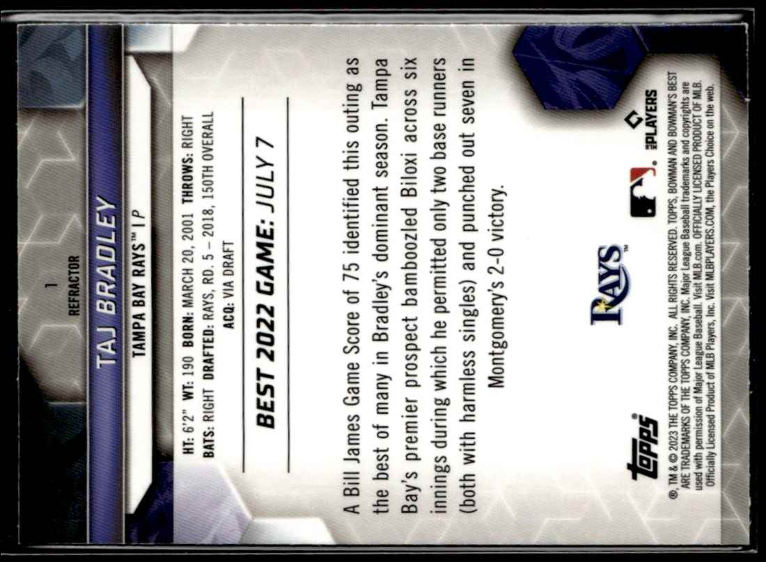 2023 Bowman's Best Refractors Taj Bradley #1 card back image