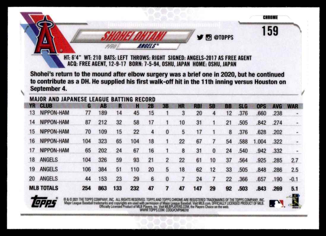 2021 Topps Chrome Shohei Ohtani #159 card back image