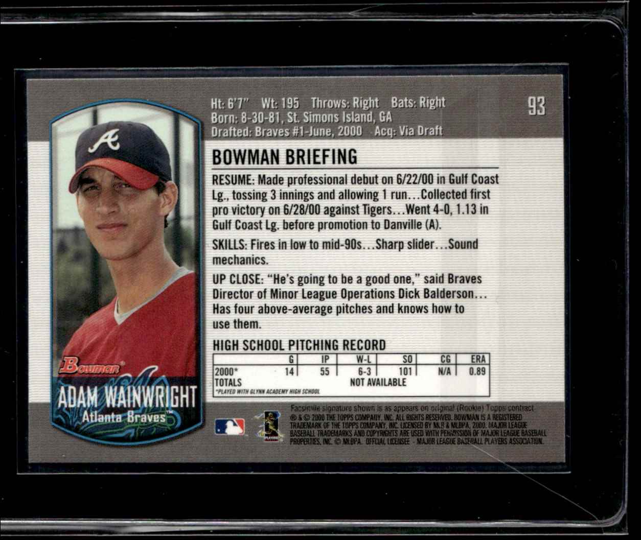 2000 Bowman Draft Picks & Prospects Adam Wainwright #93 card back image