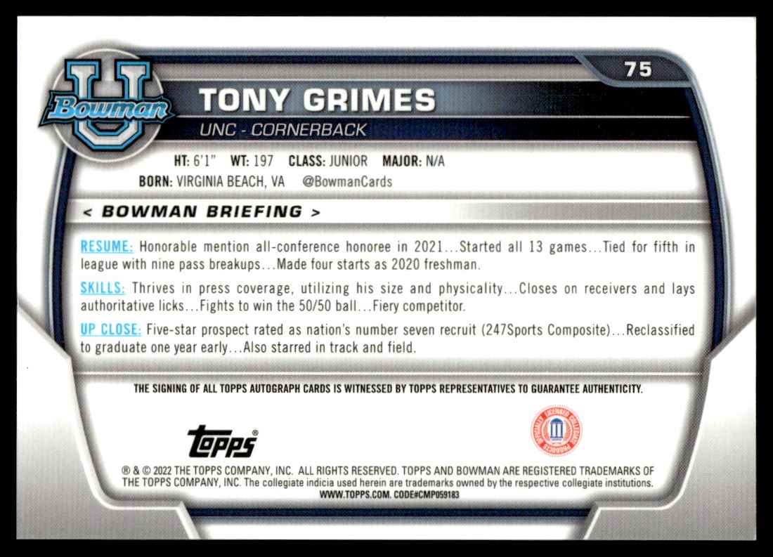 2022 Bowman University Chrome Prospect Autographs Tony Grimes #75 card back image