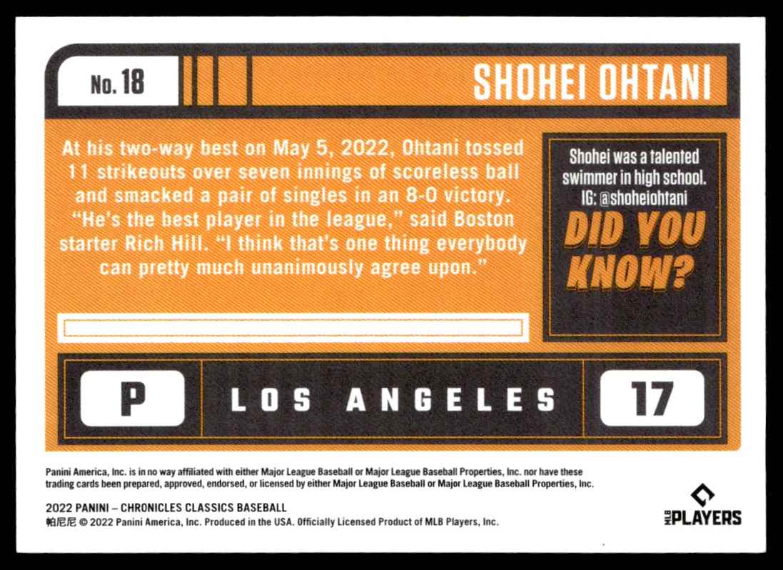 2022 Panini Chronicles Classics Shohei Ohtani #18 card back image