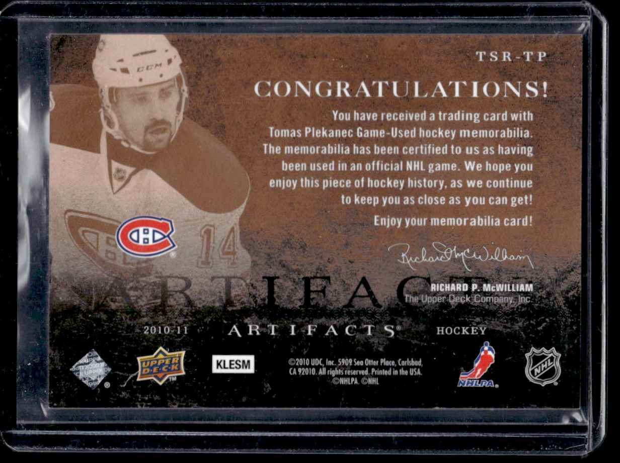 2010-11 Upper Deck Artifacts Treasured Swatches Tomas Piekanec #TSR-TP card back image