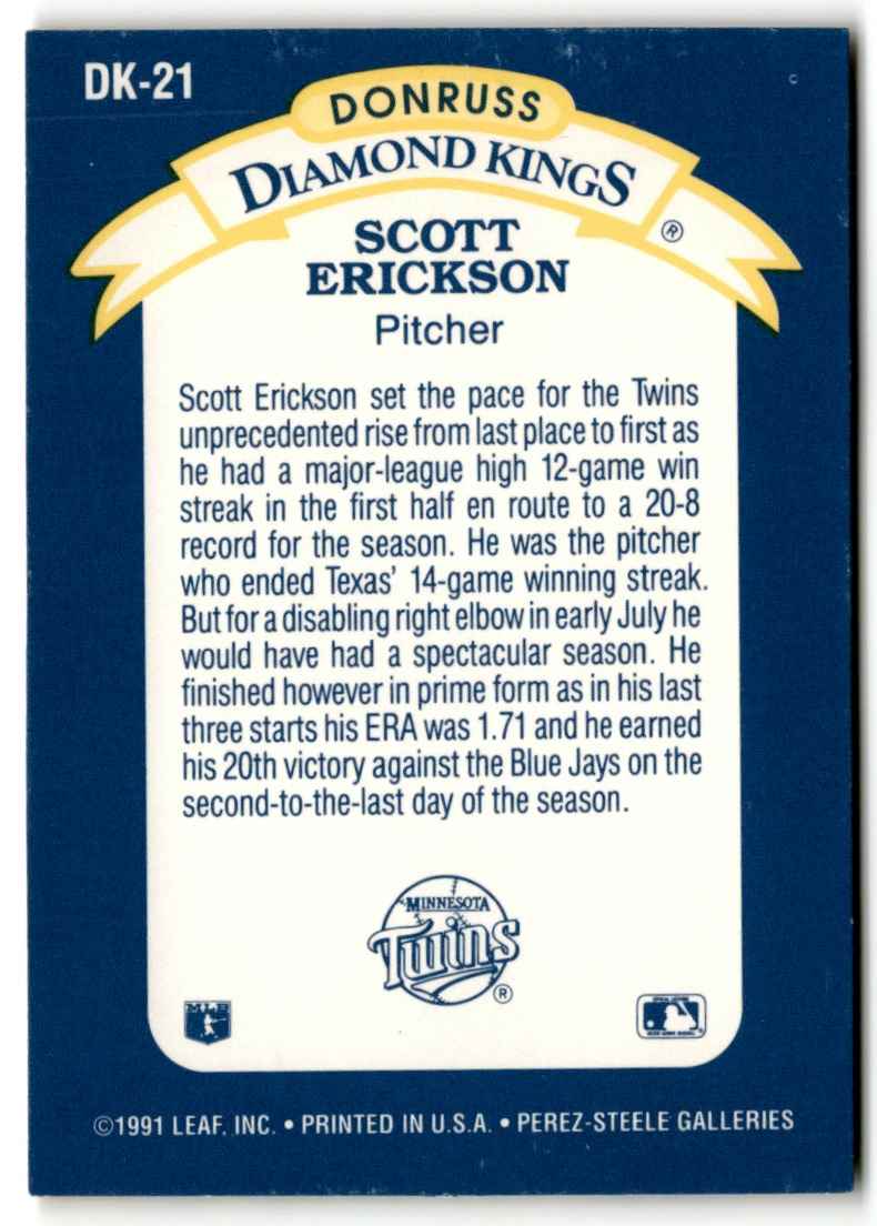 1992 Donruss Diamond Kings Scott Erickson #DK-21 card back image