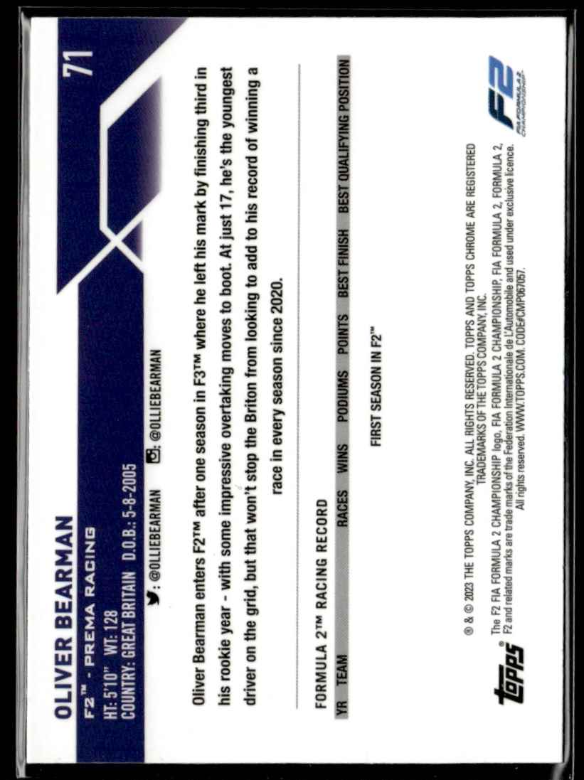 2023 Topps Chrome Sapphire Formula 1 Oliver Bearman #71 card back image