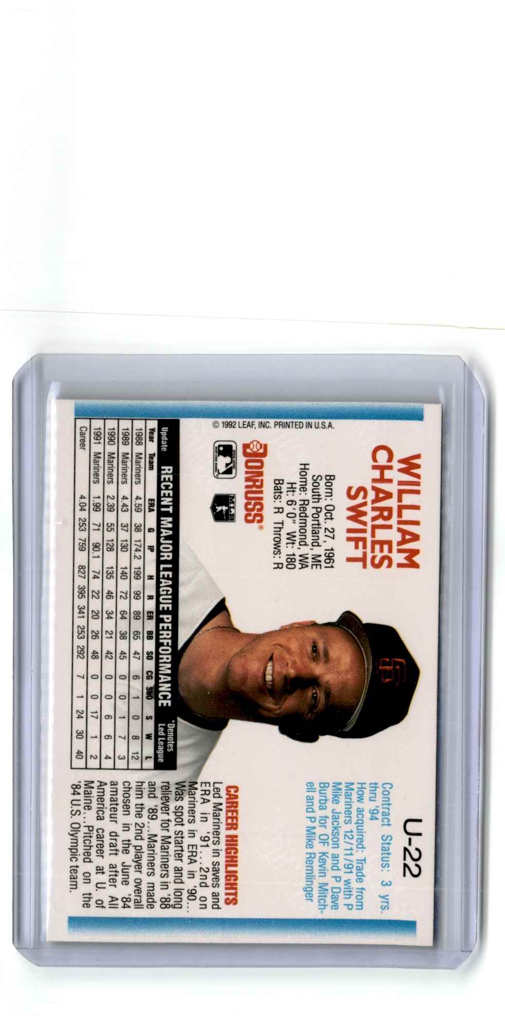 1992 Donruss Update Bill Swift #U-22 card back image