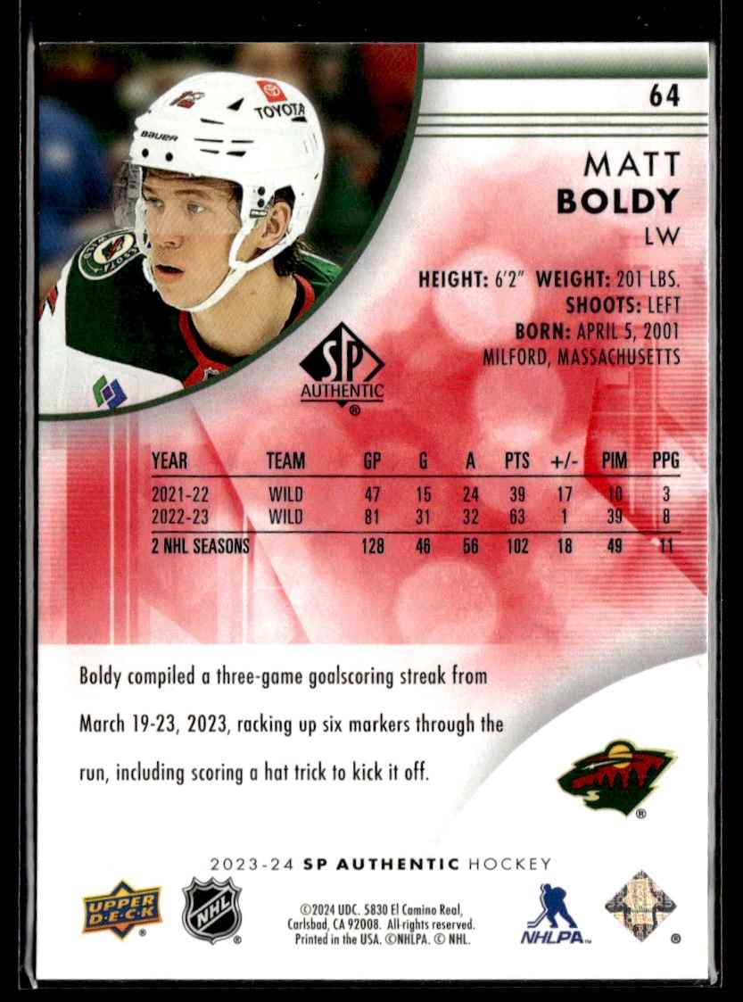 2023-24 UD Sp Authentic Red Limited Matt Boldy #64 card back image