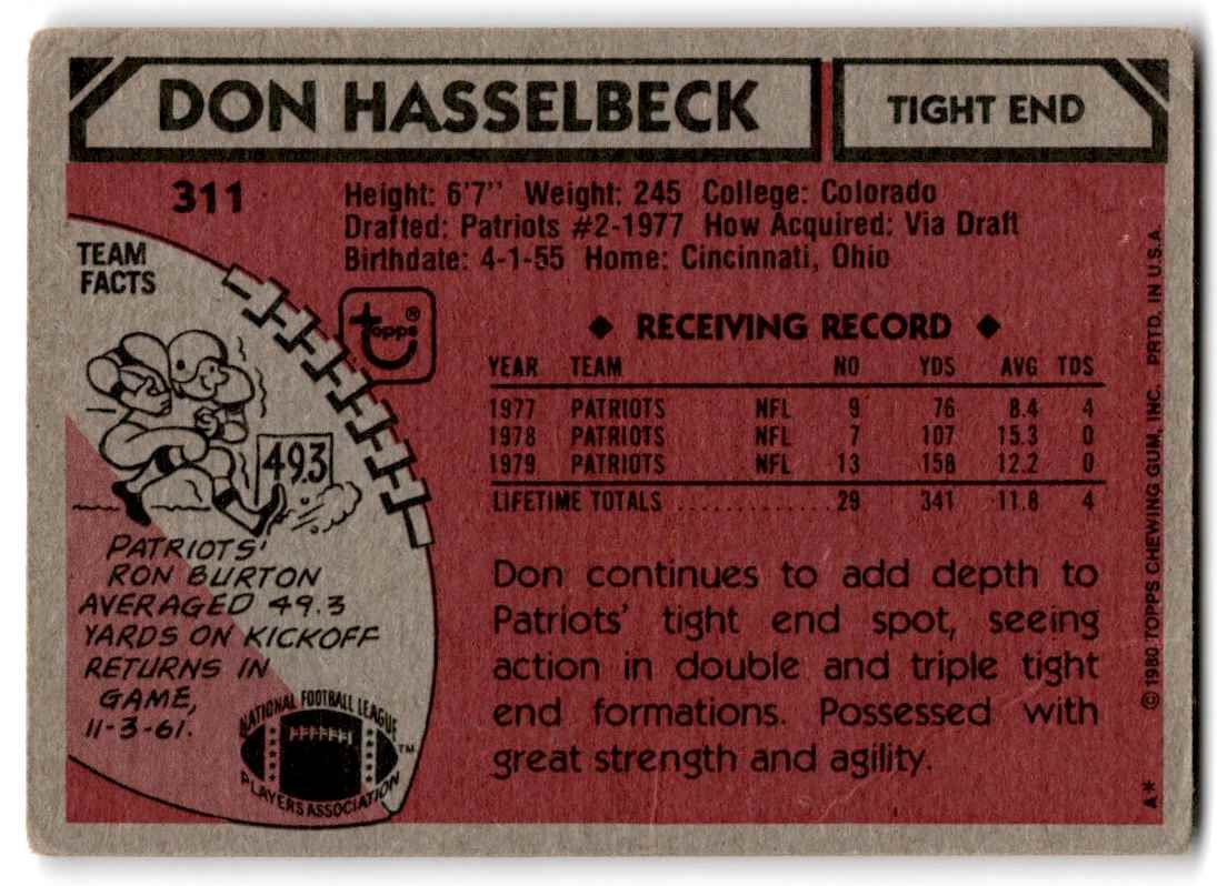 1980 Topps Don Hasselbeck #311 card back image