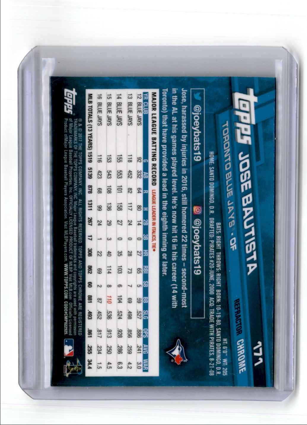 2017 Topps Chrome Refractor Jose Bautista #171 card back image