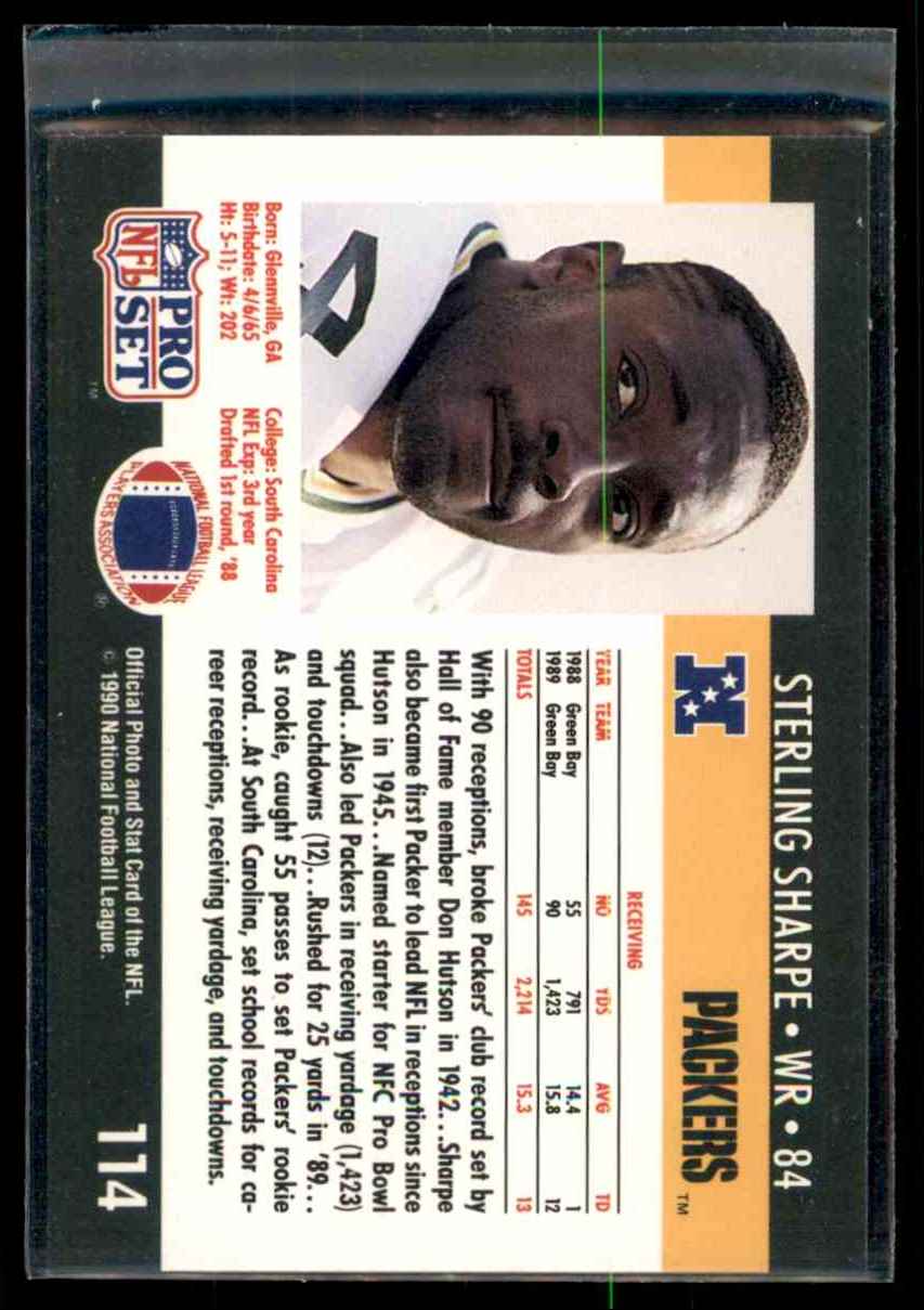 1990 Pro Set Sterling Sharpe ERR/(Born Glenville, Ga.) #114 card back image