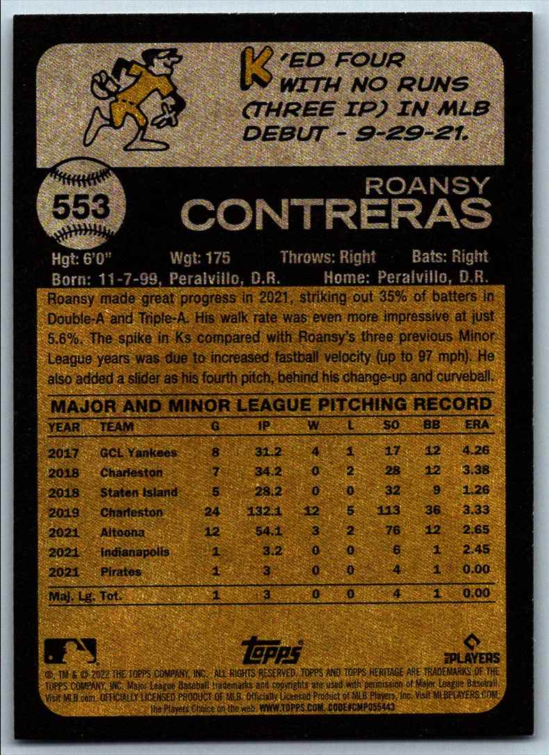 2022 Topps Heritage High Number Roansy Contreras #553 card back image