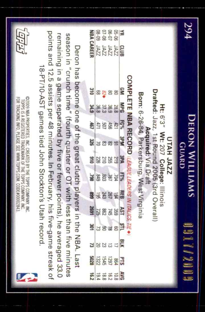 2009-10 Topps Gold Deron Williams #294 card back image