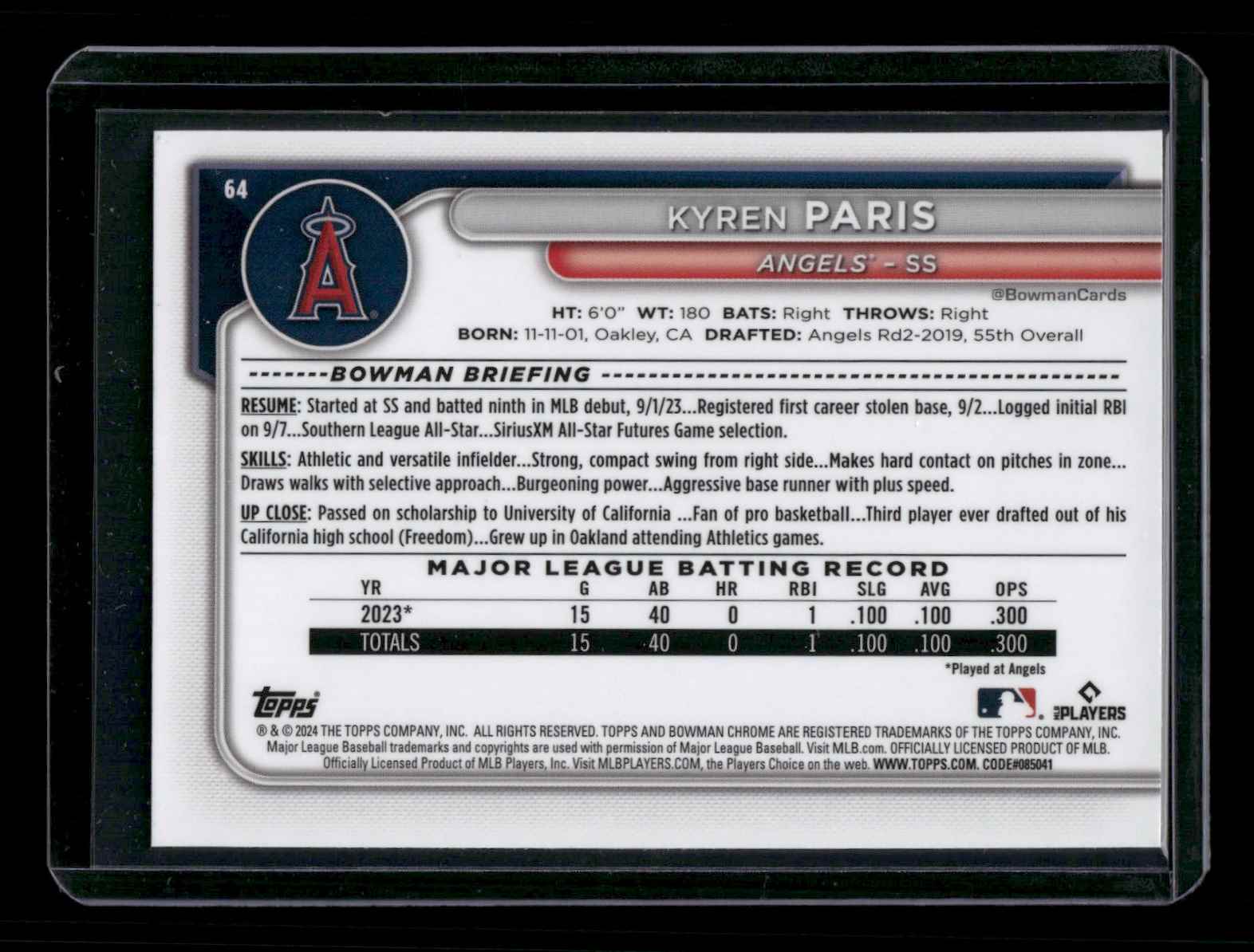 2024 Bowman Chrome Kyren Paris #64 card back image
