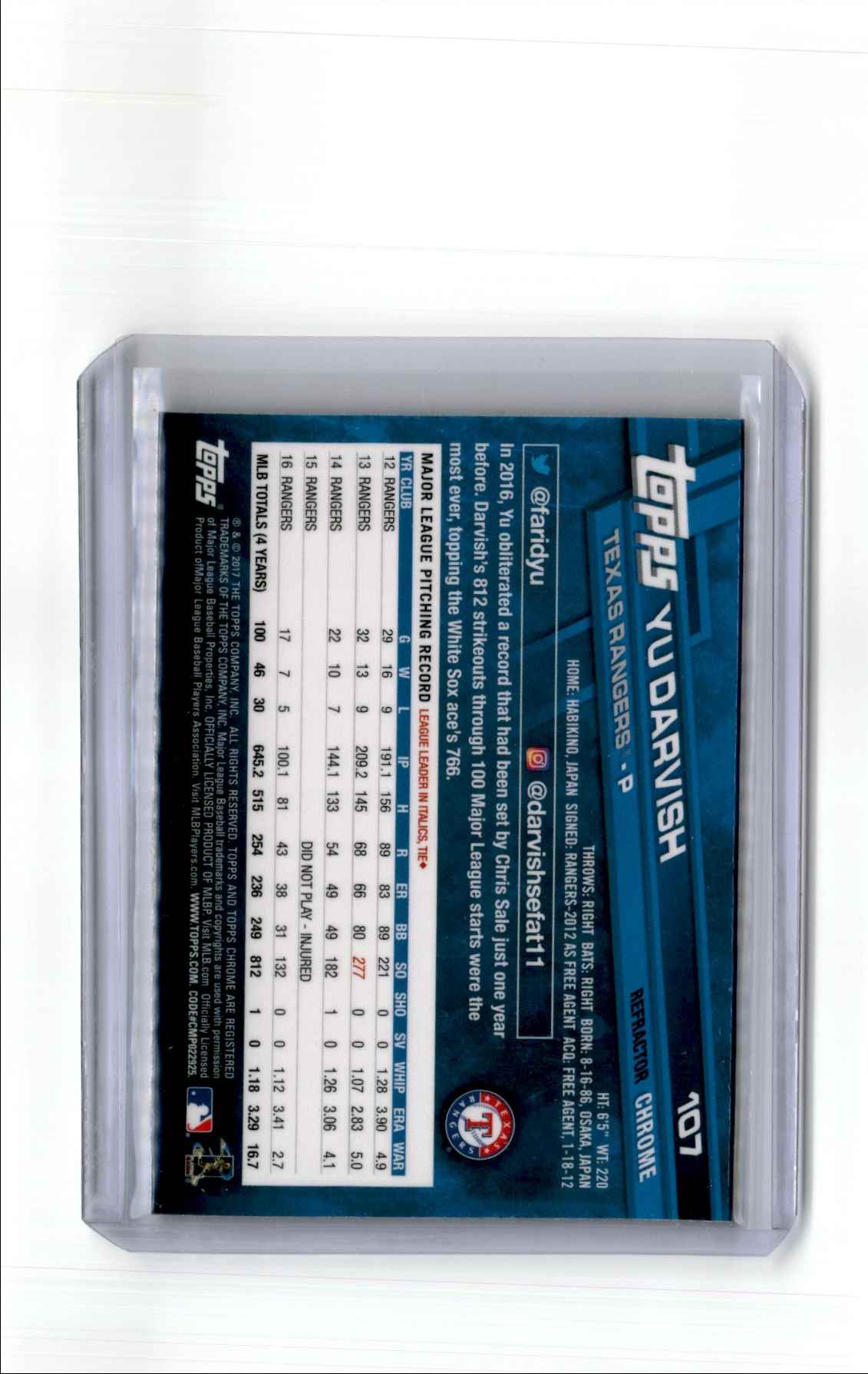 2017 Topps Chrome Refractor Yu Darvish #107 card back image