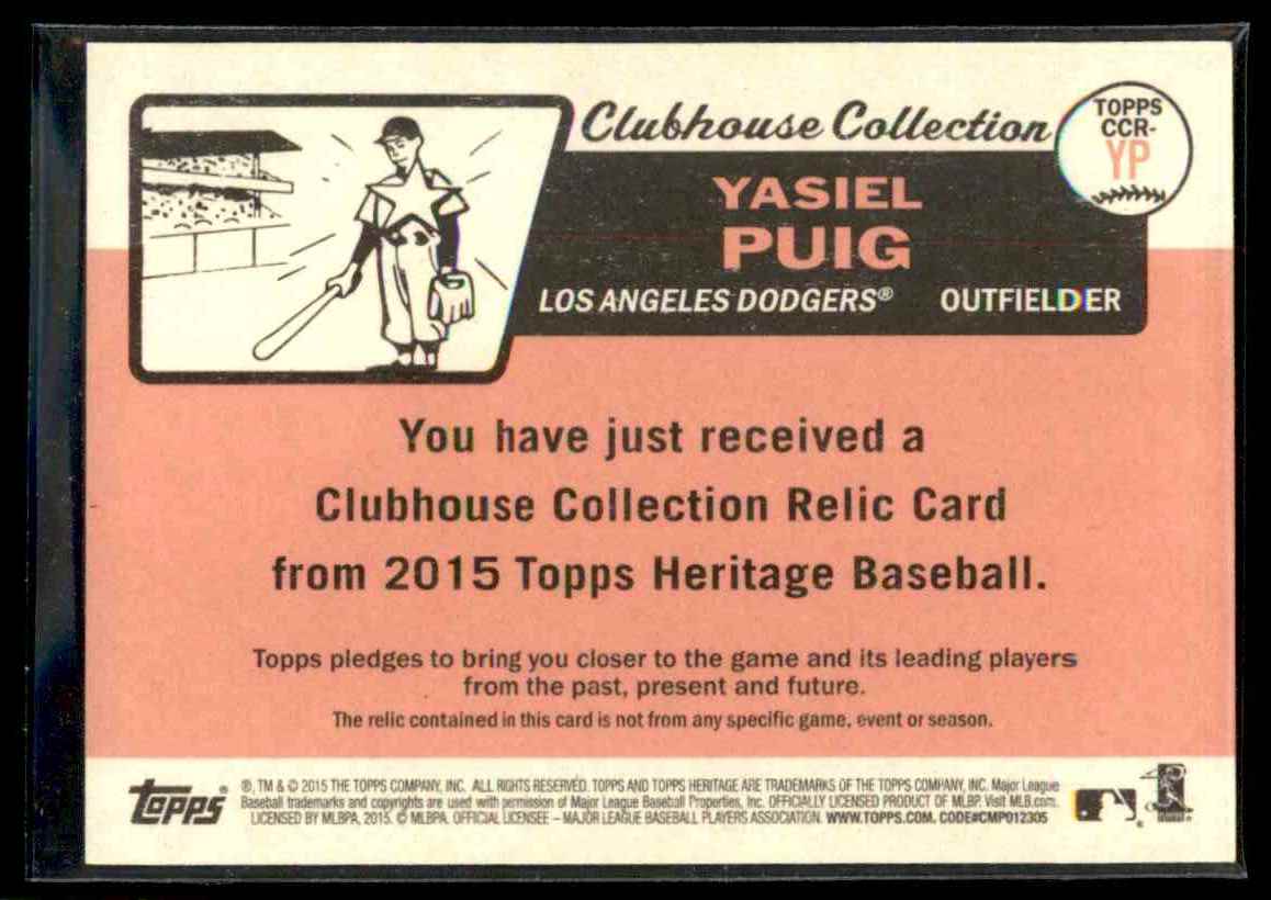 2015 Topps Heritage Clubhouse Collection Relics Yasiel Puig #CCRYP card back image