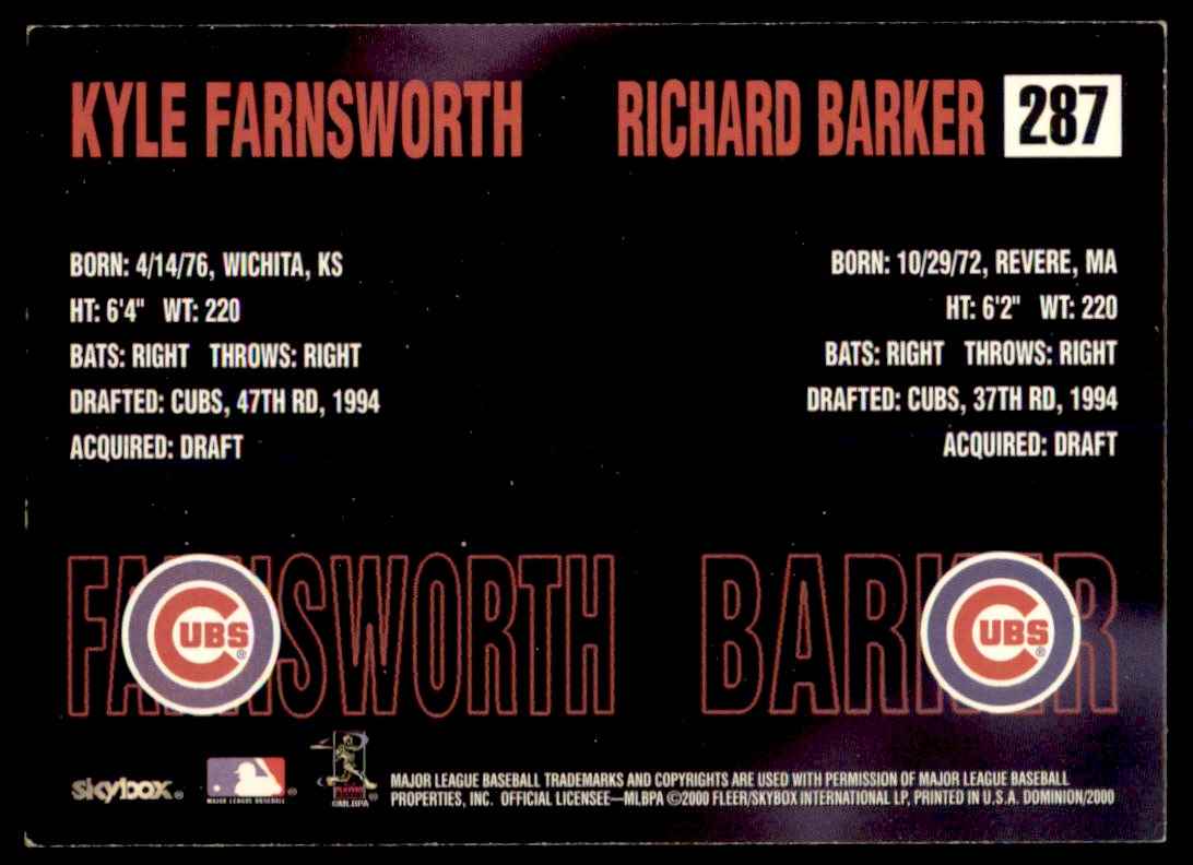 2000 Baseball Skybox Dominion Kyle Farnsworth/Richard Barker #287 card back image