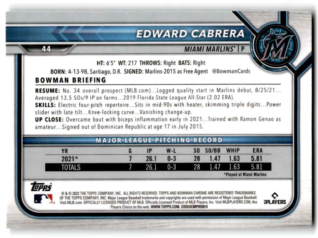 2022 Bowman Chrome Edward Cabrera #44 card back image