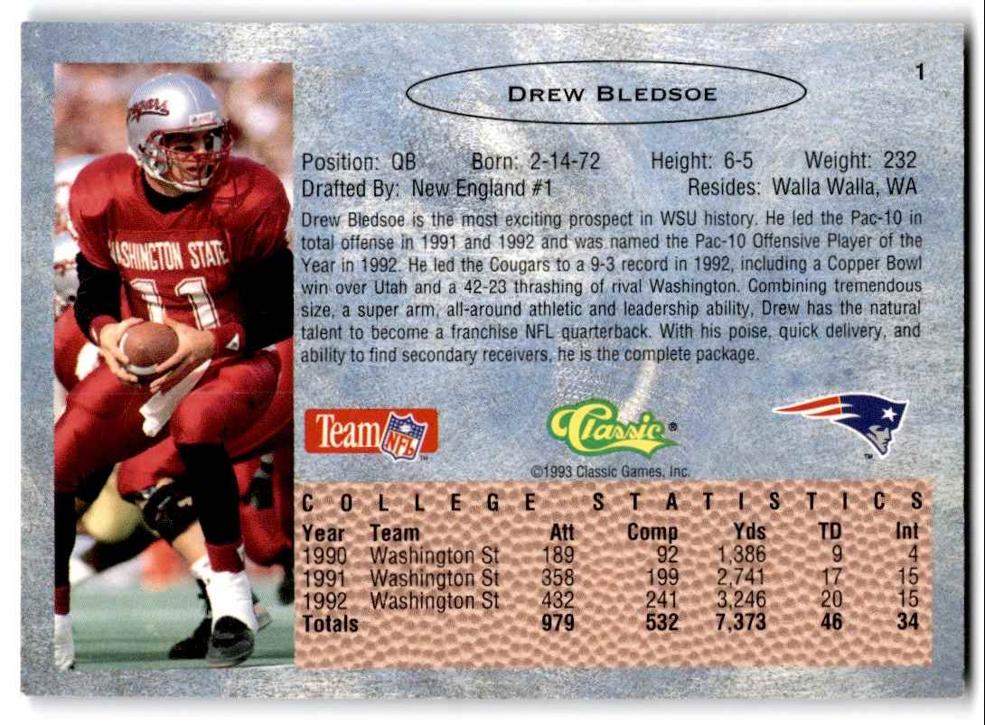 1993 Classic Drew Bledsoe #1 card back image