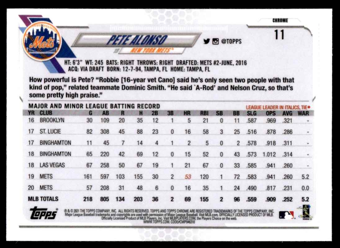 2021 Topps Chrome Pete Alonso #11 card back image