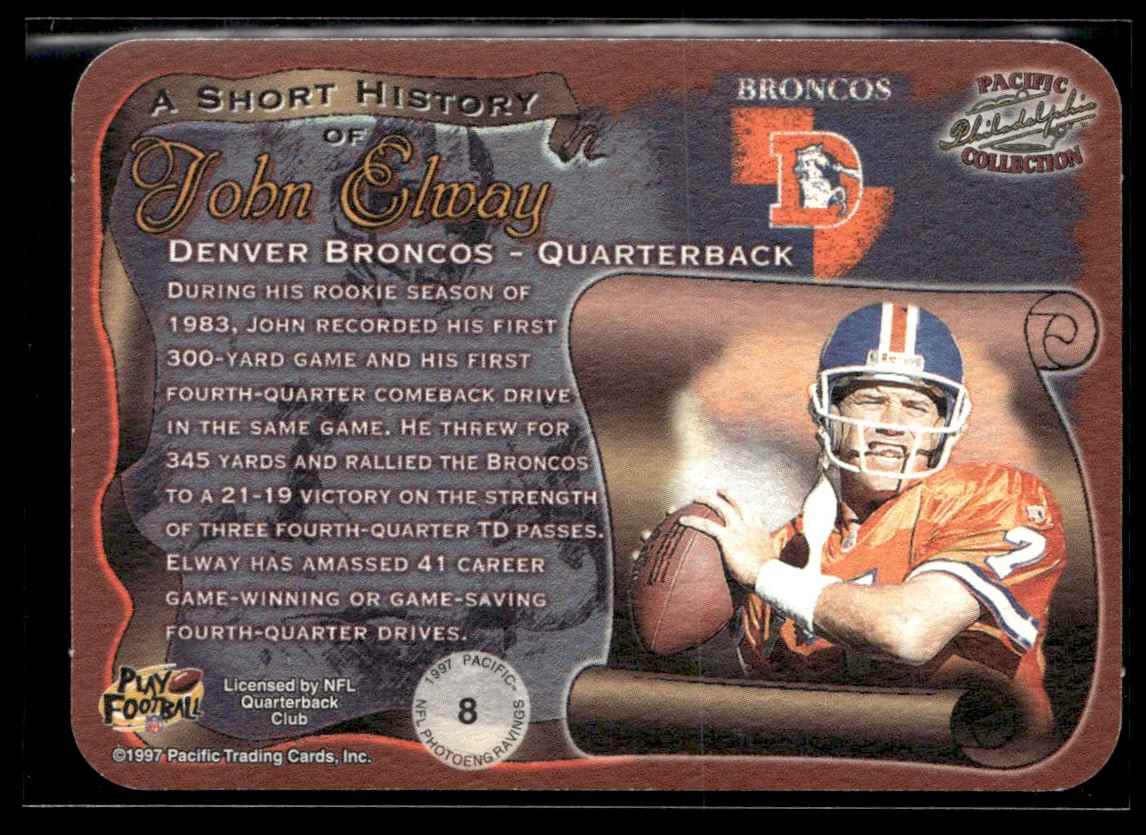 1997 Pacific Photo Engravings John Elway #8 card back image