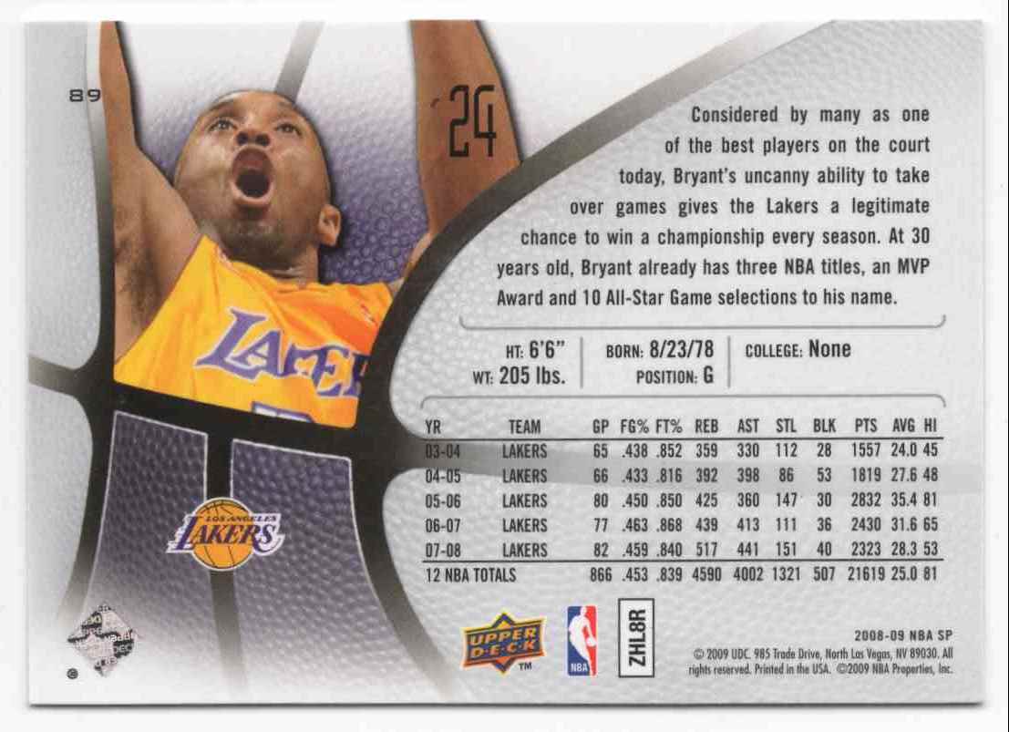 2008-09 SP Authentic Kobe Bryant #89 card back image