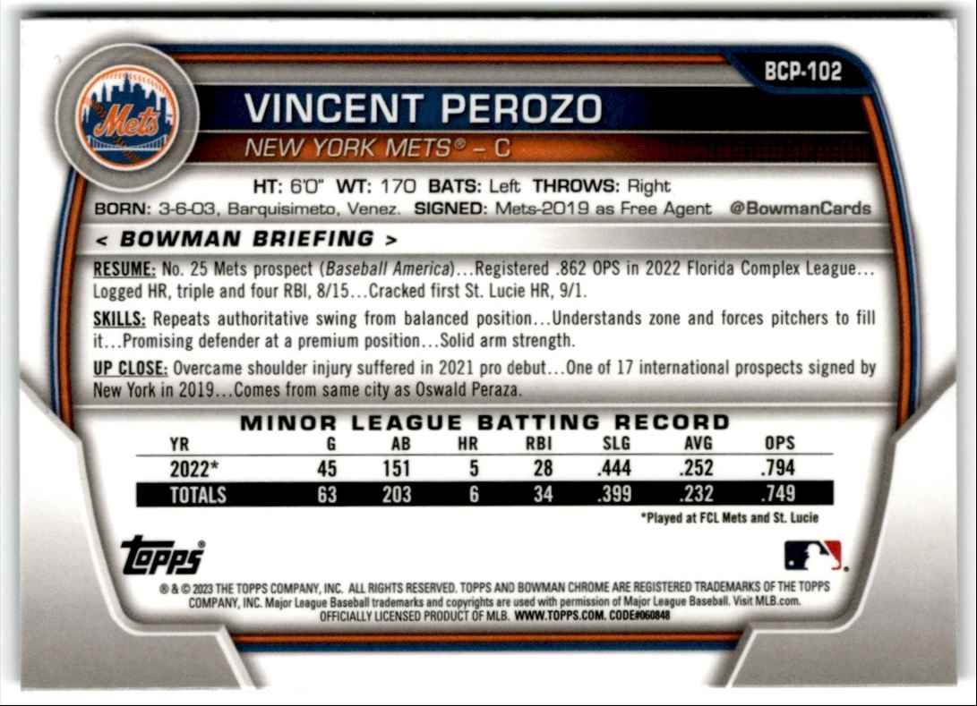 2023 Bowman Chrome Sapphire Prospects Vincent Perozo #BCP-102 card back image
