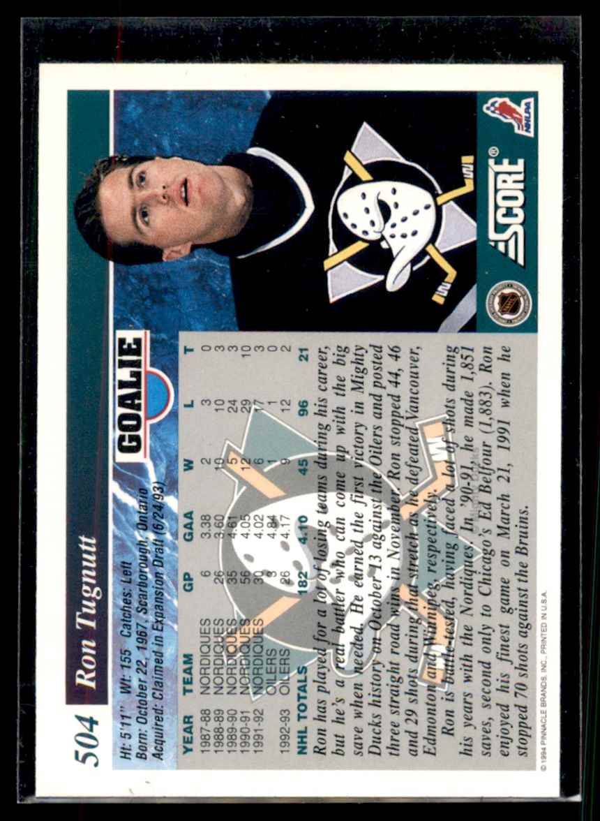 1993-94 Score Ron Tugnutt #504 card back image