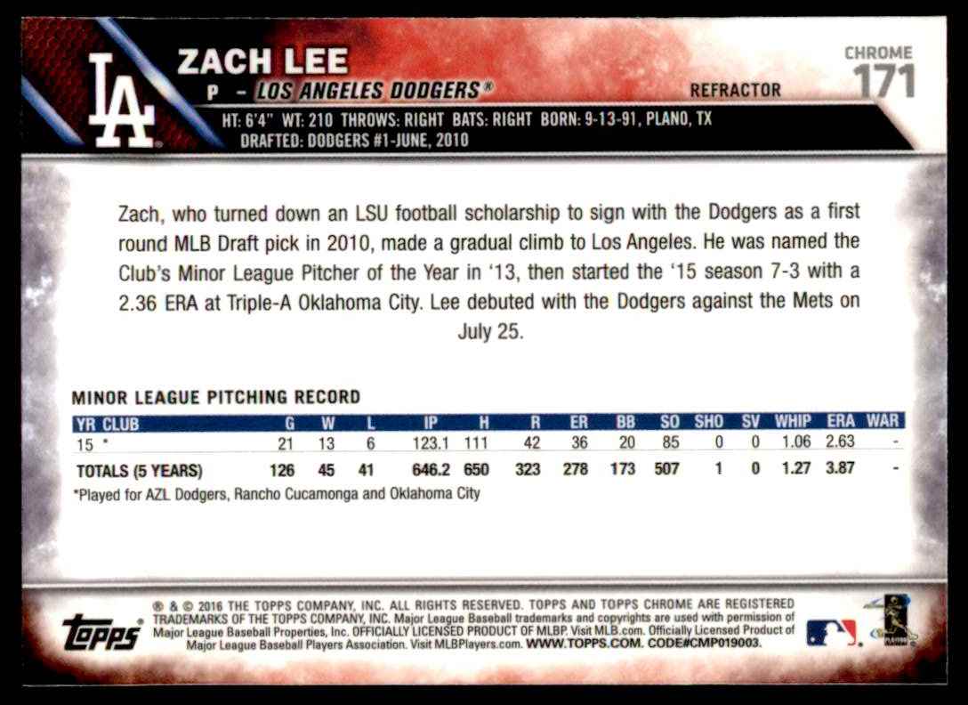 2016 Topps Chrome Zach Lee #171 card back image