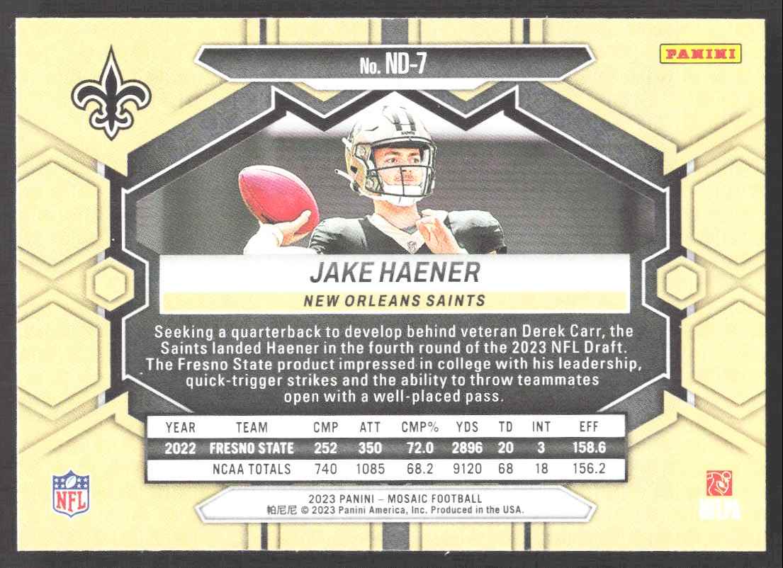 2023 Panini Mosaic NFL Debut Jake Haener #ND-7 card back image