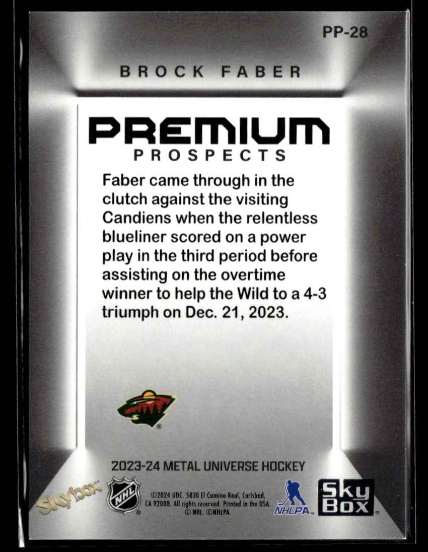 2023-24 SkyBox Metal Universe Premium Prospects Brock Faber #PP-28 card back image