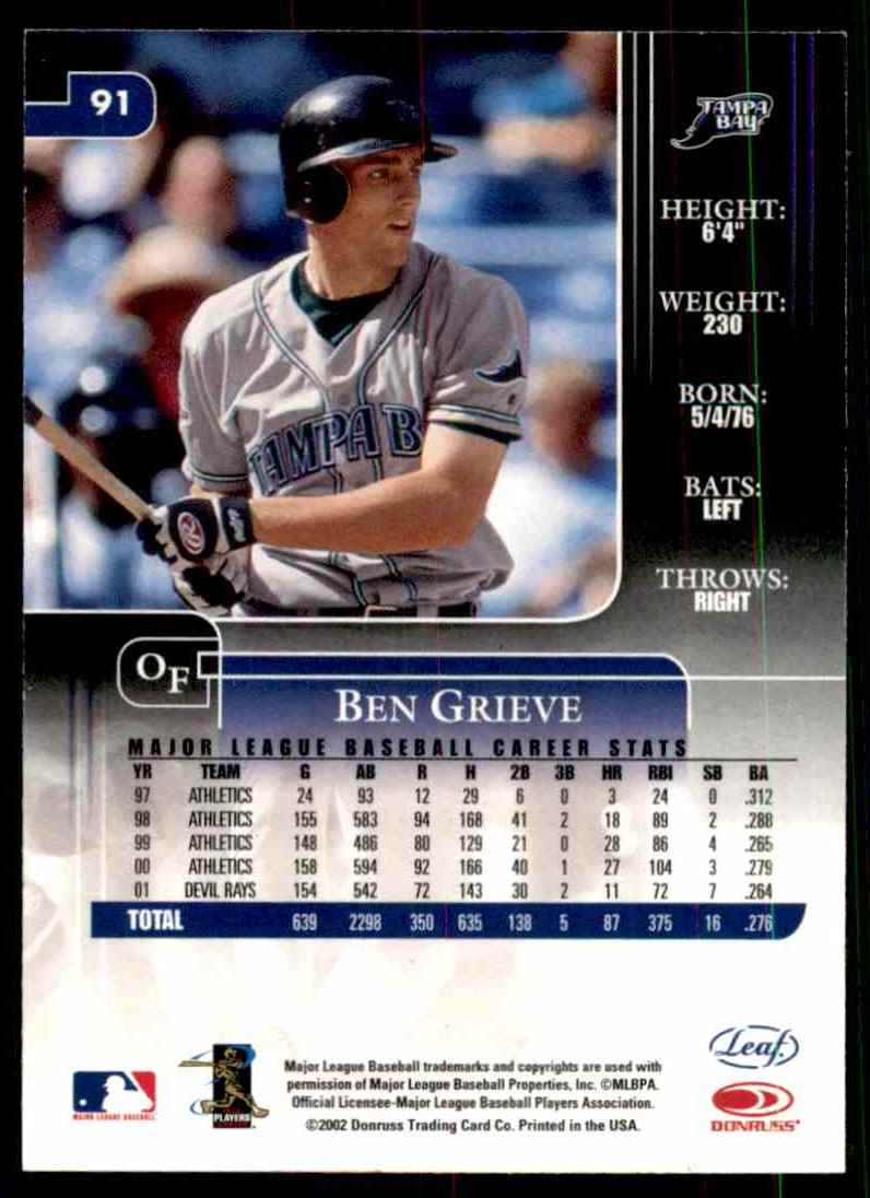 2002 Leaf Rookies & Stars Ben Grieve #91 card back image