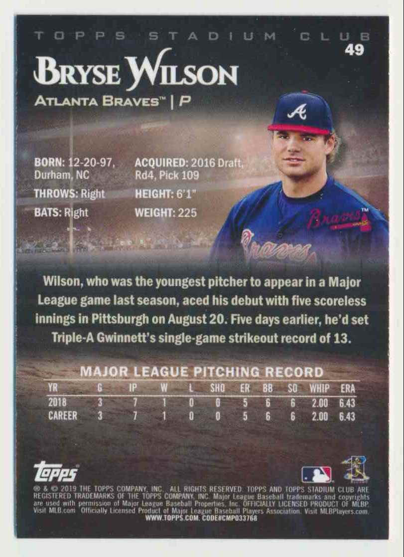 2019 Topps Stadium Club Base Bryse Wilson #49 card back image