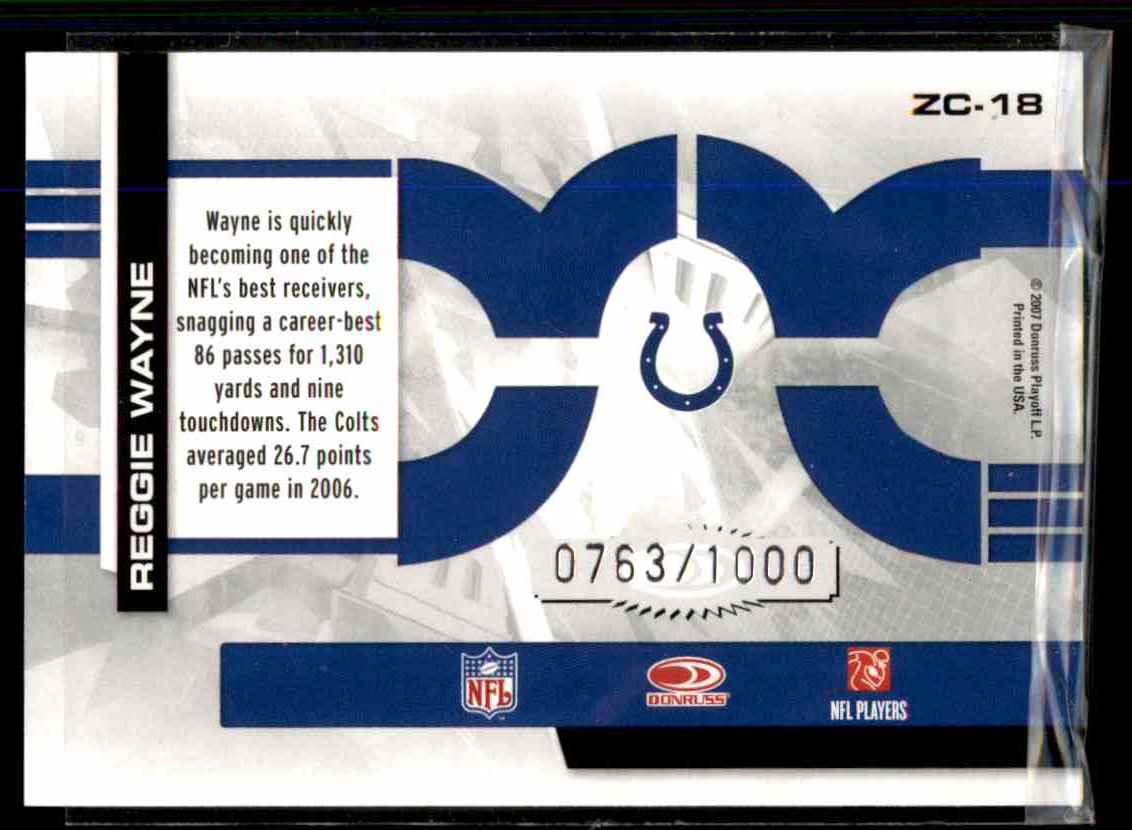 2007 Donruss Elite Zoning Commission Gold Reggie Wayne #18 card back image