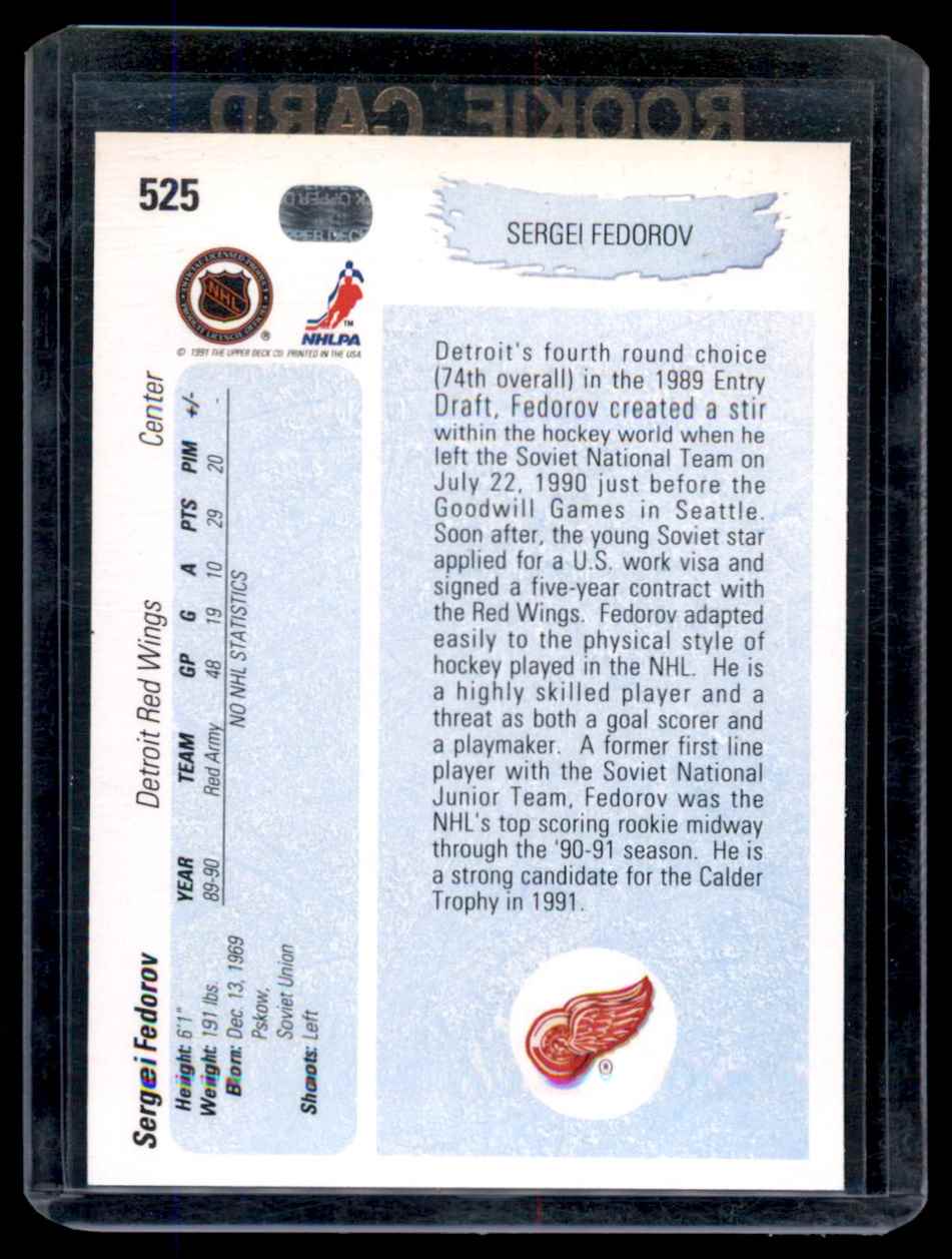 1990-91 Upper Deck Sergei Fedorov YG RC UER #525 card back image
